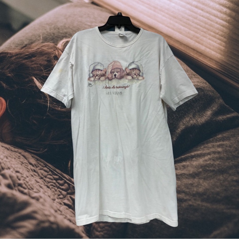 Vtg Harrison sleeping puppies I Don't Do Mornings LAS VEGAS nightshirt dog shirt